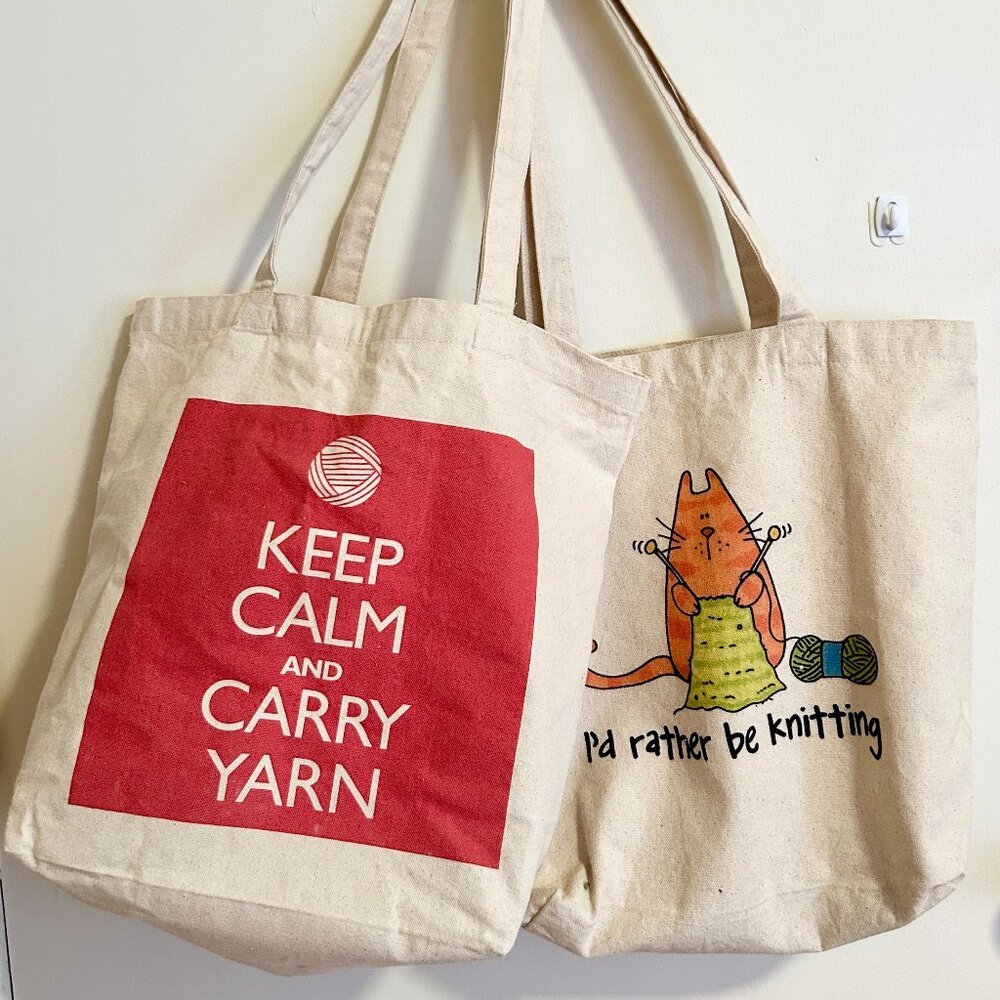 Set of 2 Canvas tote reusable bags I'D RATHER BE KNITTING & KEEP CALM CARRY YARN